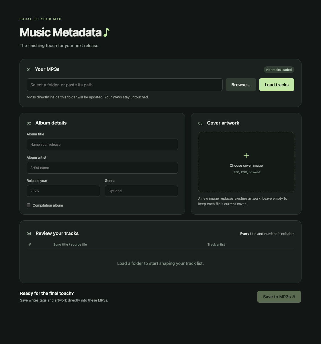 Music Metadata’s local browser interface with folder selection, album details, cover artwork, and editable track credits